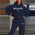 Casual sports hoodie and sweatpants two-piece set with letter print for daily wear. - S / Set / Navy Blue