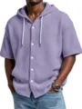 Men's Summer Short Sleeve Waffle Knit Hooded Shirt Casual Button Down Pullover Top - Light Purple