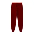 Detail view of dark red fleece sweatpants, featuring comfortable drawstring waist and cuffs. - Burgundy