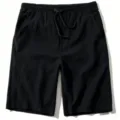 Black cotton linen casual shorts, elastic drawstring waist, comfortable beach shorts detail - S / Black