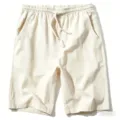 Detail view of mens casual cotton linen shorts drawstring waist comfortable fabric - S / Beige