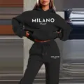 Black casual sports hoodie set for men and women with vintage letter print, long sleeve. - S / Set / Black