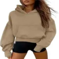Sudadera con capucha caqui casual para mujer, jersey holgado de manga larga con hombros caídos. - S / Caqui
