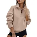 Women's beige half-zip sweatshirt, casual long sleeve pullover top for autumn fashion. - Khaki