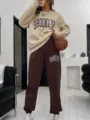 Lässiges Sweatshirt mit Buchstaben-Print und Bündchen-Hose im Set mit langen Ärmeln. - S / Oben Und Unten / Khaki