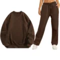 Comodo conjunto de sudadera y pantalon de color solido para ropa casual diaria de primavera. - Café