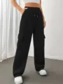 Pantaloni cargo larghi e casual da donna con vita elastica con coulisse e tasche laterali. - Taglia S / Nero