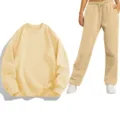 Conjunto deportivo casual liso con sudadera de manga larga y cómodo pantalón deportivo. - S / Parte Superior y Parte Inferior / Caqui