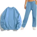 Sudadera azul lisa con cuello redondo y pantalones deportivos a juego para uso diario. - S / Parte Superior y Parte Inferior / Azul cielo