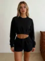 Women black long sleeve crop sweatshirt and casual shorts lounge set, solid color daily wear. - S / Black