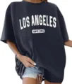 Dunkelgraues Oversize Baumwoll T-Shirt mit kurzem Arm und LA Buchstaben Druck für Herren. - Marineblau 1