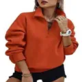 Women Half Zip Sweatshirt Orange Long Sleeve Casual Y2K Fall Fashion Pullover Top - Orange