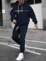 Detailed view of the stylish men casual hooded sweatshirt and matching sweatpants outfit. - 2XL / Top And Bottom / Navy Blue