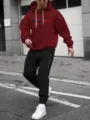 Men's casual fleece hoodie and sweatpants set with graphic print, comfortable streetwear outfit. - 2XL / Top And Bottom / Wine Red Top Black Pants
