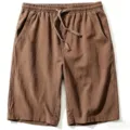 Mens brown cotton linen casual shorts summer beach breathable five-point shorts variant - Coffee