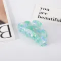 Primer plano de una pinza para el pelo de acetato con flores verde y azul - Floral Azul