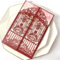 Elegant red laser-cut wedding invitation card with floral pink insert and gate design - Invitation Set (With Inner Page Printing) / Red