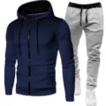 Men's fleece sportswear set zip hoodie and sweatpants with dot pattern casual autumn winter - S / Top And Bottom / Navy + Light Gray Pants
