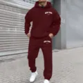 Men's fleece-lined hooded sweatshirt and sweatpants tracksuit set in stylish burgundy color. - S / Top And Bottom / Burgundy