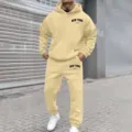 Mens Fleece Hooded Sweatshirt Set Casual New York Print Pullover Tracksuit Beige Color - WTA12 / S