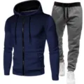 Men's Fleece Pullover Hoodie Sweatpants Set Navy Blue Polka Dot Zipped Sportswear Outfit - Navy + Dark Gray Pants