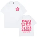 Weißes Kurzarm T-Shirt mit rosa Surving Ocean Grafikprint für Damen und Herren im Sommer. - S / Oberteile / Weiß