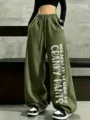 Green loose wide-leg sweatpants for women, high waist drawstring casual warm fleece lined pants. - S / Army Green
