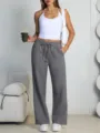 Women's dark grey wide leg fleece lined sweatpants casual drawstring lounge pants variant - EU Size / S / Dark Gray