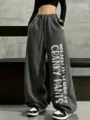 Women's dark grey fleece wide-leg sweatpants, casual drawstring loose lounge pants with print. - Dark Gray
