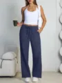 Women casual loose wide leg fleece sweatpants navy blue drawstring lounge pants - EU Size / S / Navy Blue