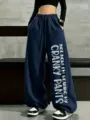 Women's Dark Blue Loose Wide Leg Sweatpants Casual Drawstring Trousers with Letter Print - Navy Blue