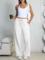 Women white wide leg fleece sweatpants casual drawstring loose trousers comfortable apparel - White