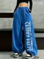 Women casual loose wide leg fleece lined sweatpants with drawstring and funny letter print. - Sapphire Blue