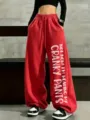 Women casual loose wide leg drawstring fleece sweatpants with funny letter print red - Bright Red