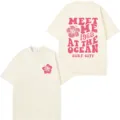 Beige Kurzarm T-Shirt mit rosa Surfer Print vorne und hinten, lässiges Paar Oberteil. - Beige