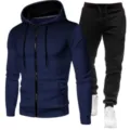 Men fleece tracksuit set, blue gradient dot zip hoodie and black sweatpants variant. - Navy Blue