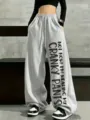 Women casual loose wide leg fleece lined sweatpants with cool slogan print and drawstring. - Light Gray