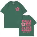 Dunkelgrünes Kurzarm-Baumwoll-T-Shirt mit rosa Blumen- und coolen Ozean-Surf-Grafiken. - Dunkelgrün