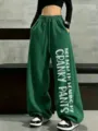 Women green wide leg sweatpants loose casual fleece lined drawstring pants with quote print - Dark Green