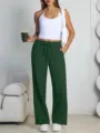 Women's dark green loose wide leg sweatpants casual drawstring long pants modern. - Dark Green