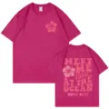 Rosa Ocean Beach T-Shirt mit Retro-Rückbendruck, bequeme Baumwolle Freizeittop kurzarm. - Fuchsia
