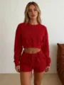 Women's casual solid color crewneck long sleeve sweatshirt and shorts set for daily wear. - Red