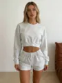 Women casual crewneck long sleeve sweatshirt and shorts set solid color minimalist lounge wear - S / Light Gray