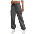 Detail view of high waist cargo sweatpants featuring elastic drawstring and functional pockets. - S / Dark Gray