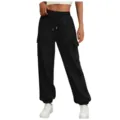 Black high waist cargo sweatpants cuffed jogger casual pocket side detail view. - S / Black