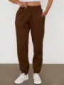 Pantaloni della tuta marroni felpati, comodi pantaloni casual a vita alta con polsini. - Caffè