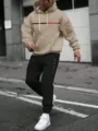 Men khaki hoodie and black sweatpants set, Paris letter print casual streetwear outfit. - 2XL / Top And Bottom / Khaki