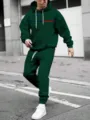 Men's green tracksuit with hooded sweatshirt and matching sweatpants featuring white drawstrings. - 2XL / Top And Bottom / Dark Green