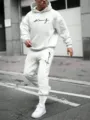 Men white hooded sweatshirt tracksuit set with script letter print, casual loose outfit. - 2XL / Top And Bottom / White