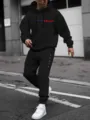 Men casual hoodie and sweatpants set black long sleeve streetwear tracksuit outfit. - 2XL / Top And Bottom / Black